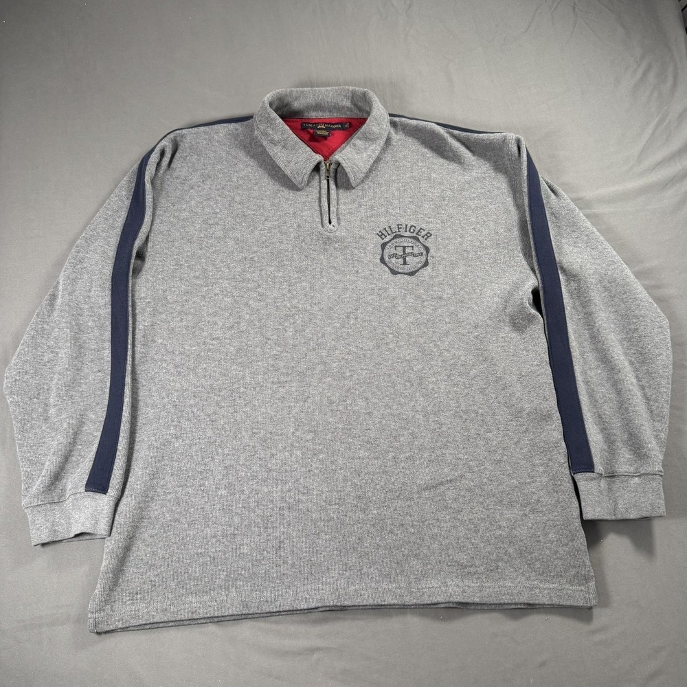 Tommy Hilfiger Sweater Mens XL Quarter Zip Pullover Gray Crest Vintage Inspired